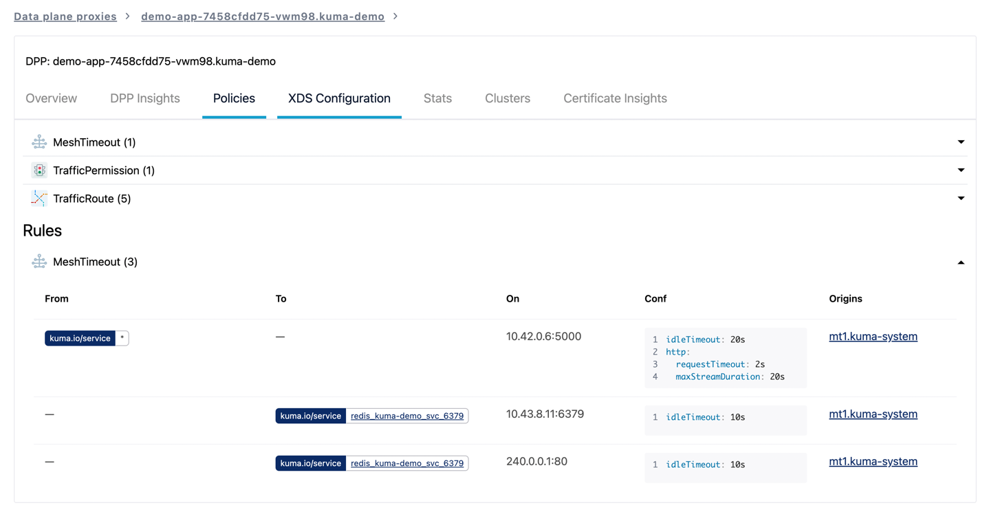 GUI in Kuma that shows policies for a dataplane